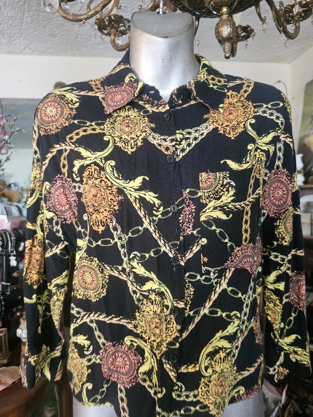 Women's Black Button-Up Shirt with Gold & Coral Chain Print